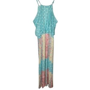 Lily Maxi Dress Polka‎ Dot Aqua Blue  1XL Boho Patchwork Spaghetti Strap
